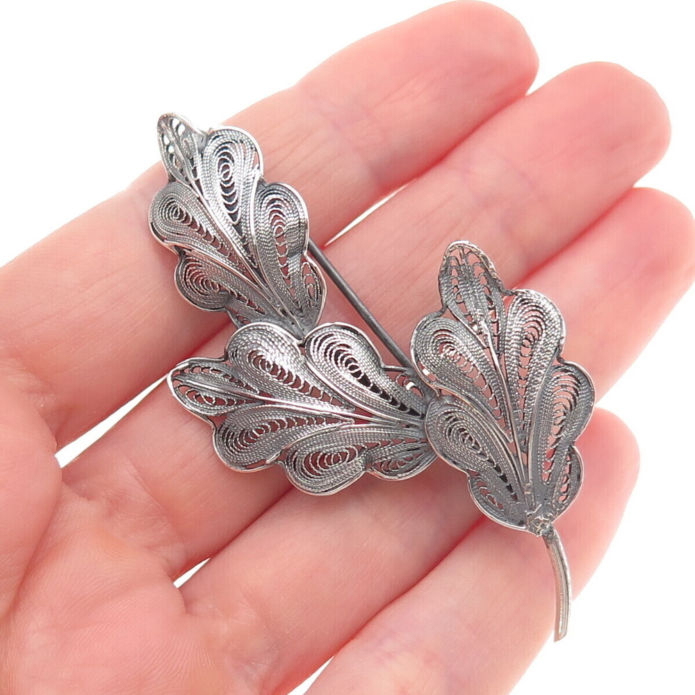 800 Silver Vintage Italy Floral Filigree Oxidized Pin Brooch
